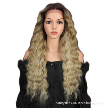 13X4 Synthetic Lace Front Wigs For Black Women 28"Inch Super Long Deep Natural Wave Ombre Blond Color Hair Fashion Wigs